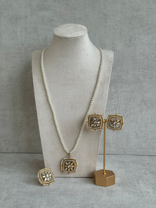 Ayura Designs Roma Pendant Set with Studs & Ring – Ivory Gold Beads, Mirror-Cut Polki & Pearl Detailing