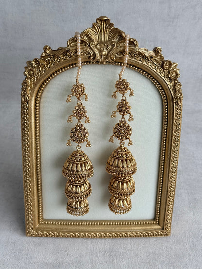 Ayura Designs Preet Sahare Jhumkis – Antique Gold Finish with Triple Dome Design
