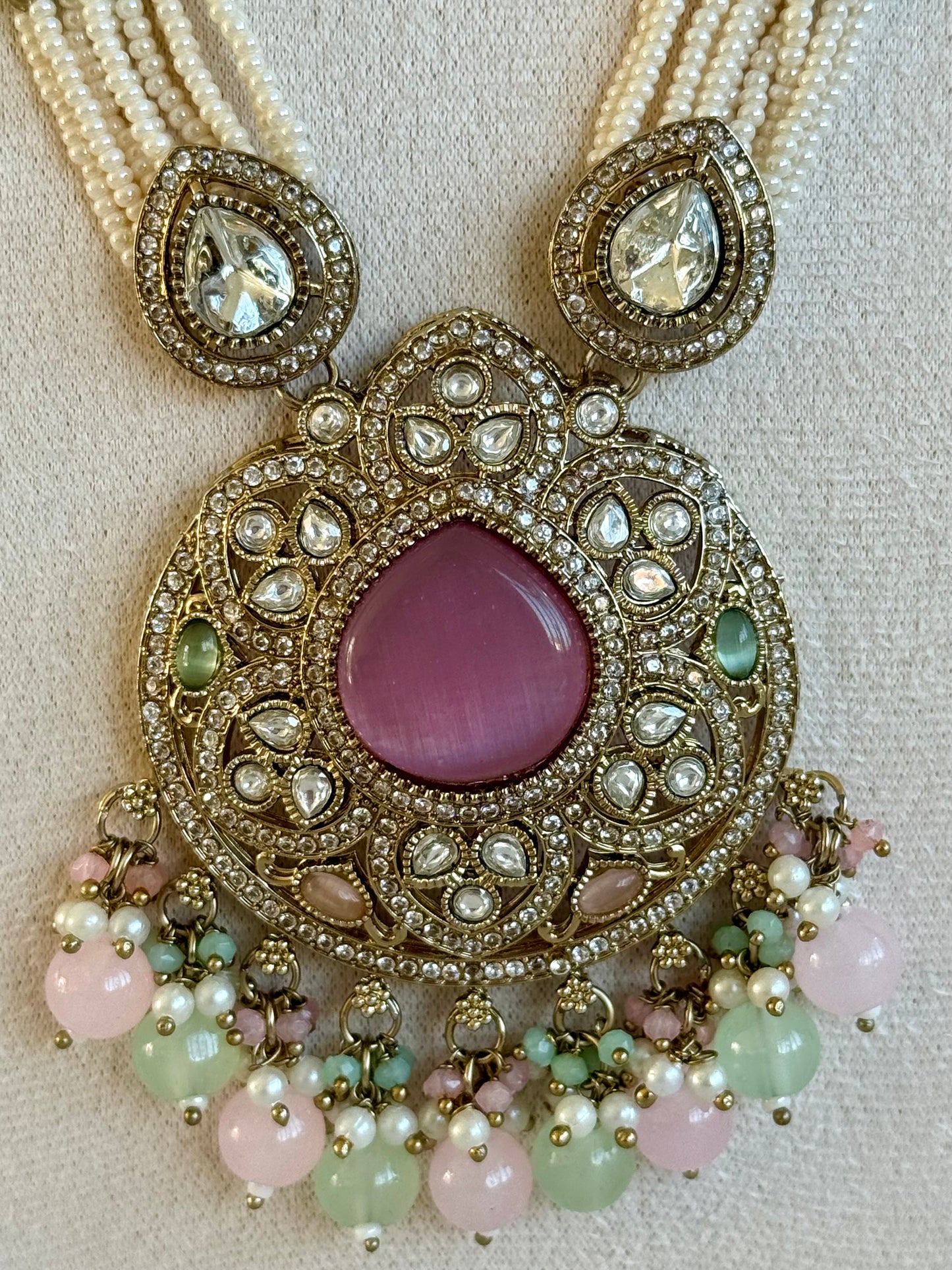 Ayura Designs Brielle Set – Necklace & Jhumkis with Mirror-Cut Stones in Berry Pink, Mint Green & Ivory