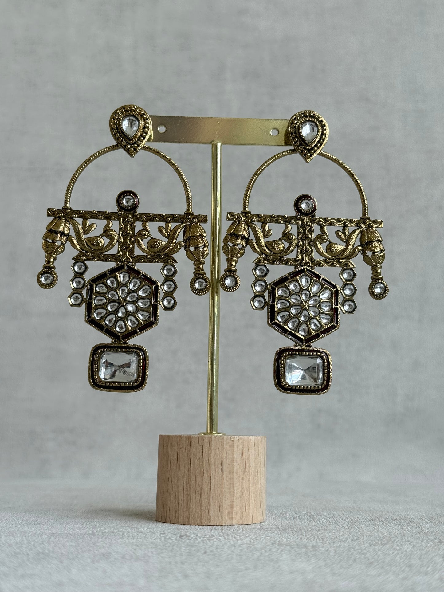 Ayura Designs Irene Earrings – Maroon Kundan, Meenakari & Crystal Peacock Chandeliers in Gold