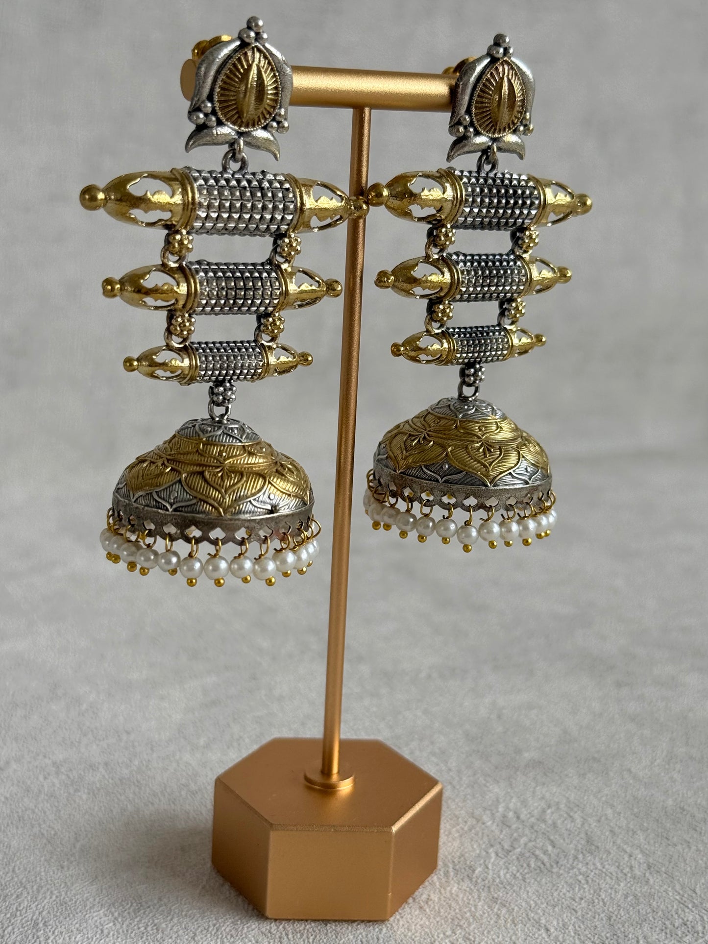 Ayura Designs Tehzeeb Earrings – Dual Tone Oxidised Statement Jhumkis with Pearl Detailing