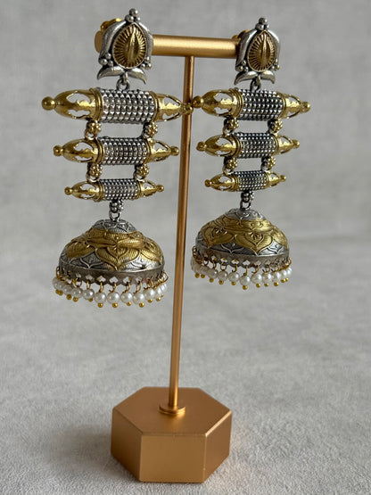 Ayura Designs Tehzeeb Earrings – Dual Tone Oxidised Statement Jhumkis with Pearl Detailing