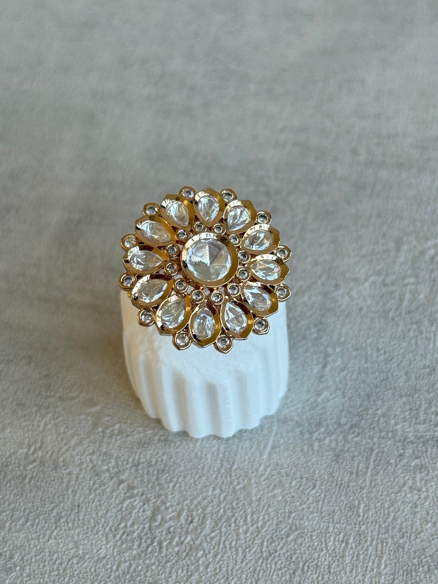 Ayura Designs Luisa Adjustable Ring – Crystal Centre Stone with Crystal Petal Detailing