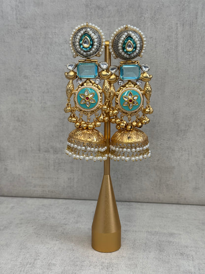 Ayura Designs Neelam Earrings – Handcrafted Gold-Toned Brass Statement Earrings with Blue Enamel, Kundan, Pearls & Jhumka Detailing