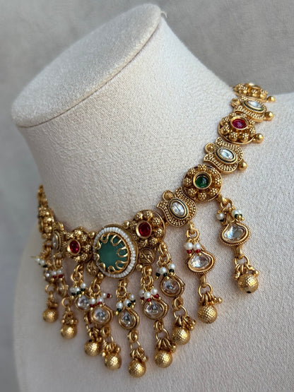 Ayura Designs Abira Necklace Set with Earrings – Kundan, Multicolour Stones, Pearl Detailing & Gold Finish