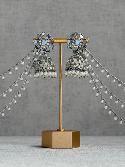 Ayura Designs Aiyana Jhumkis – Silver Mirror-Cut Earrings with Detachable Triple-Layer Pearl Sahare
