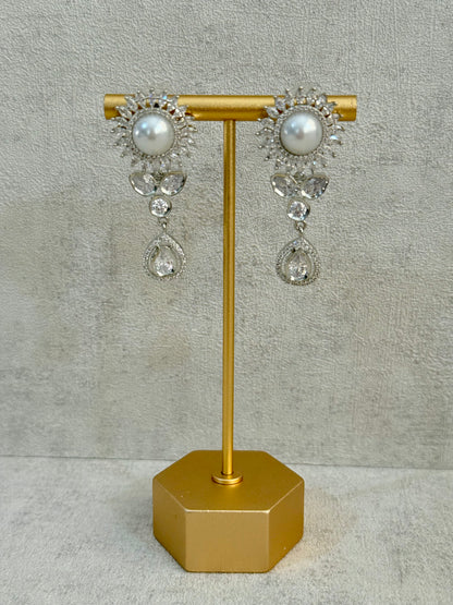Ayura Designs Tilly Set with Necklace & Earrings – Pearl Centre with Crystal Halo Detailing in Silver Finish