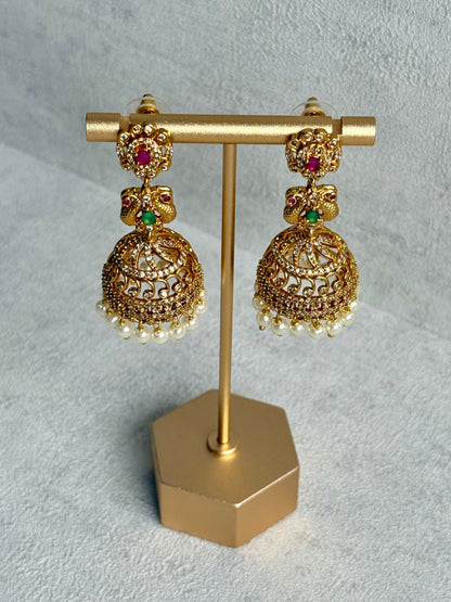 Ayura Designs Darya Jhumkis – Gold Peacock Motif Jhumkis with Ruby Pink, Emerald Green and Pearl Detailing