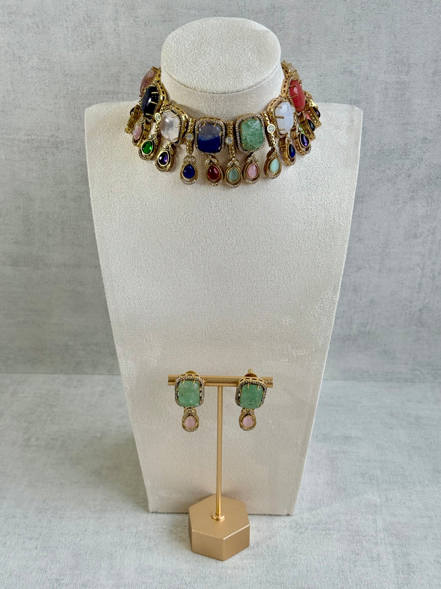 Ayura Designs Adelaide Necklace Set with Earrings – Multicolour Moissanite with Green Stone Drop Earrings