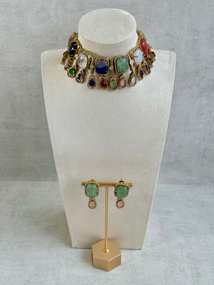 Ayura Designs Adelaide Necklace Set with Earrings – Multicolour Moissanite with Green Stone Drop Earrings
