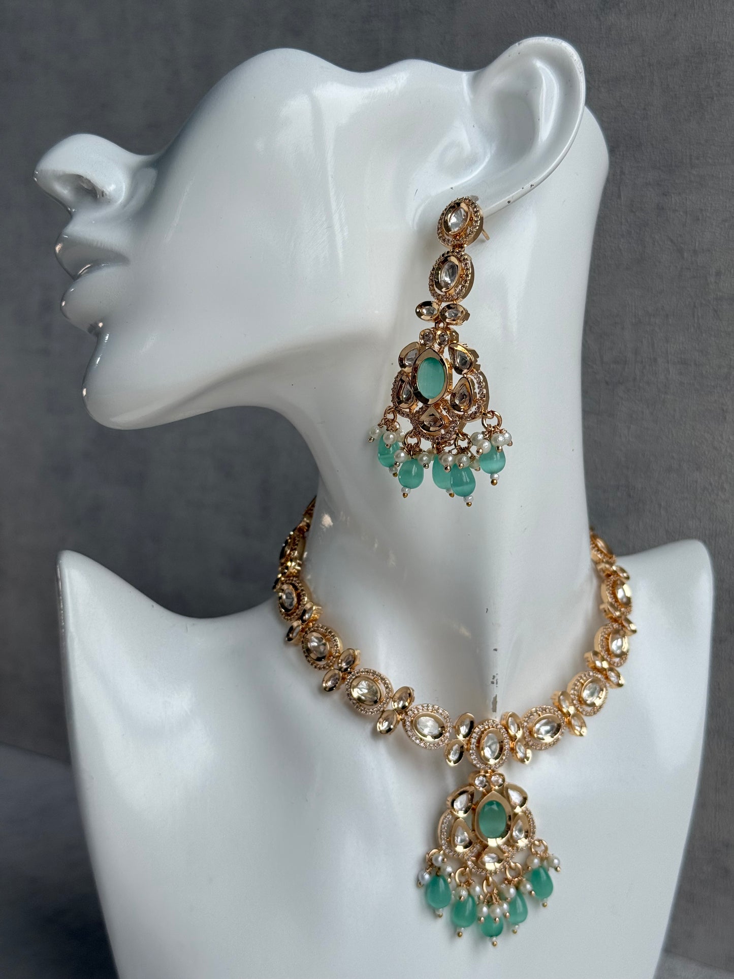Ayura Designs Edina Necklace Set with Earrings – Kundan, Mint Green Stones & Pearl Detailing