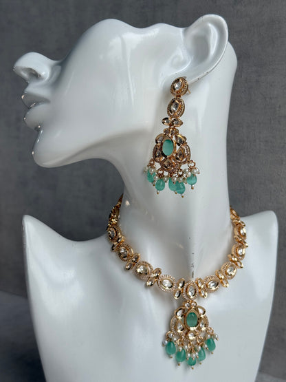 Ayura Designs Edina Necklace Set with Earrings – Kundan, Mint Green Stones & Pearl Detailing