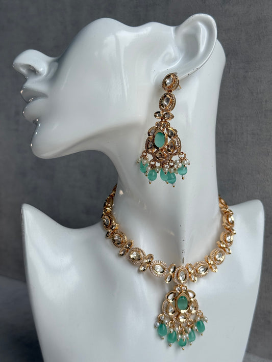 Ayura Designs Edina Necklace Set with Earrings – Kundan, Mint Green Stones & Pearl Detailing
