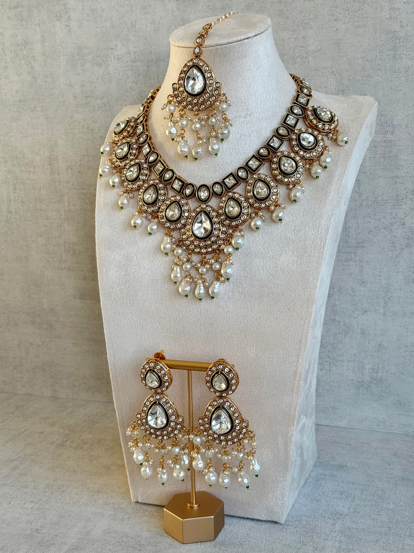 Ayura Designs Ishyat Set with Necklace, Earrings & Tikka – Kundan Detailing, Ivory Pearl Drops