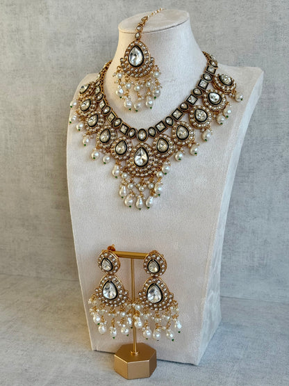 Ayura Designs Ishyat Set with Necklace, Earrings & Tikka – Kundan Detailing, Ivory Pearl Drops