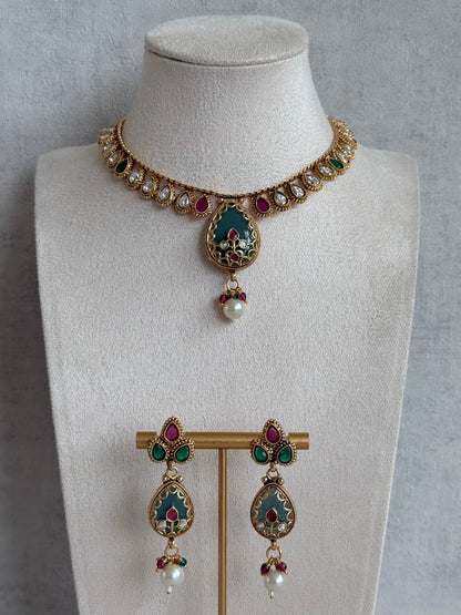 Ayura Designs Lamees Necklace Set with Earrings – Green Enamel, Emerald Green & Ruby Pink Stones with Pearl Drops