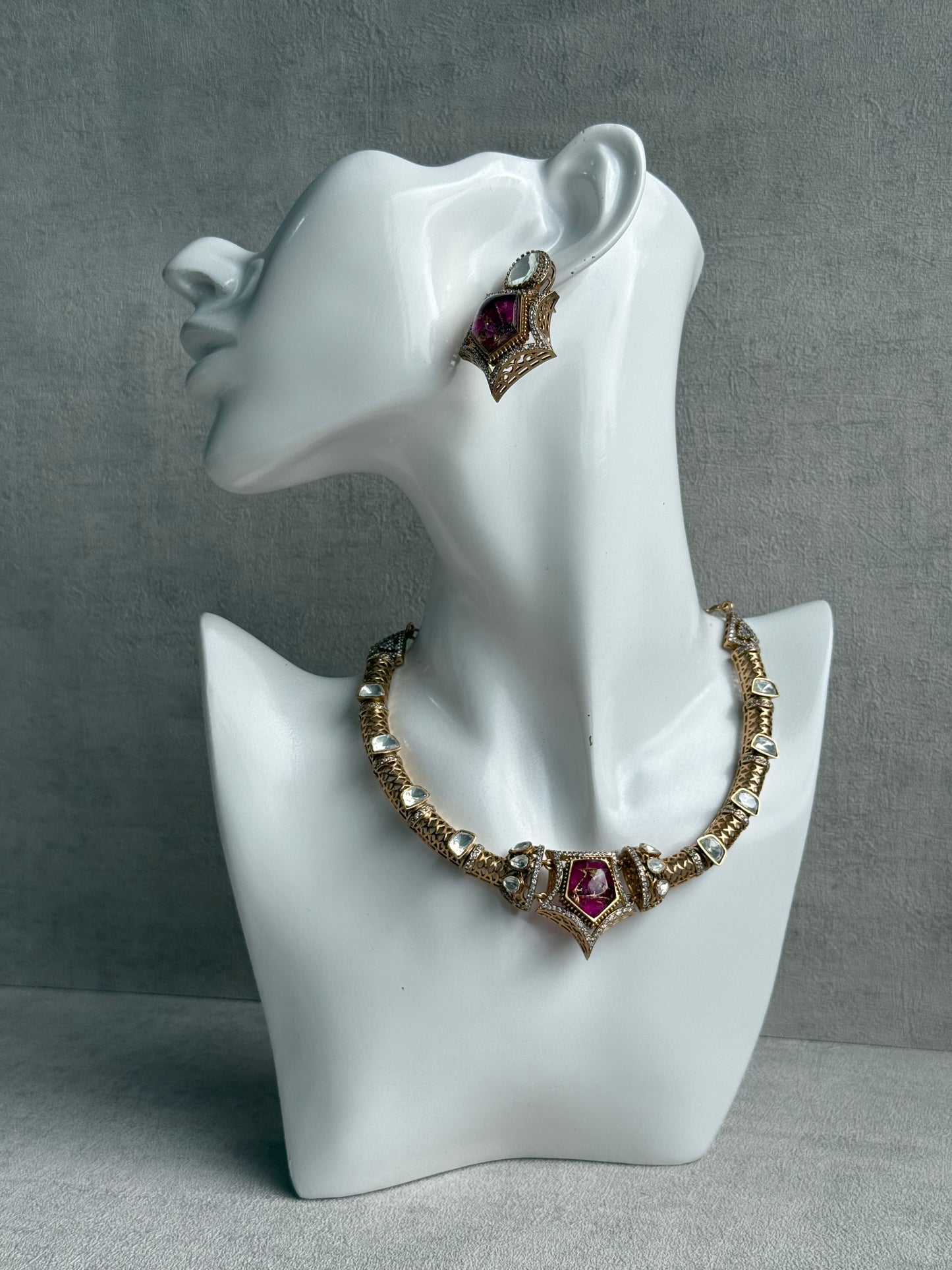Ayura Designs Krupa Set – Necklace & Earrings with Magenta Stone featuring Natural Marbling, Mirror-Cut Kundan & Antique Gold Detailing