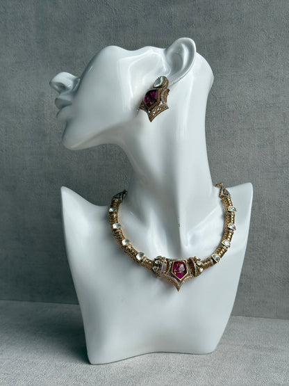 Ayura Designs Krupa Set – Necklace & Earrings with Magenta Stone featuring Natural Marbling, Mirror-Cut Kundan & Antique Gold Detailing