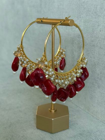 Ayura Designs Heer Balis – Gold Hoops with Ruby Marble Beads, Pearls & Crystal Detailing
