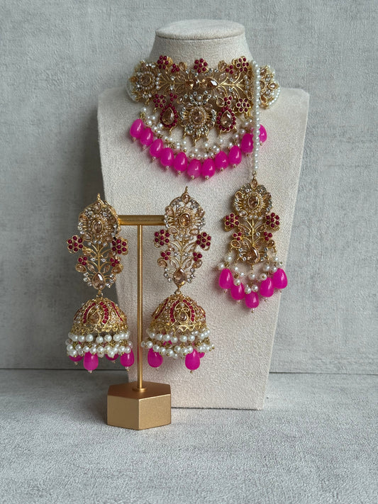 Ayura Designs Gulziba Set with Jhumkis & Tikka – Champagne, Ruby & Hot Pink Accents with Pearl Detailing