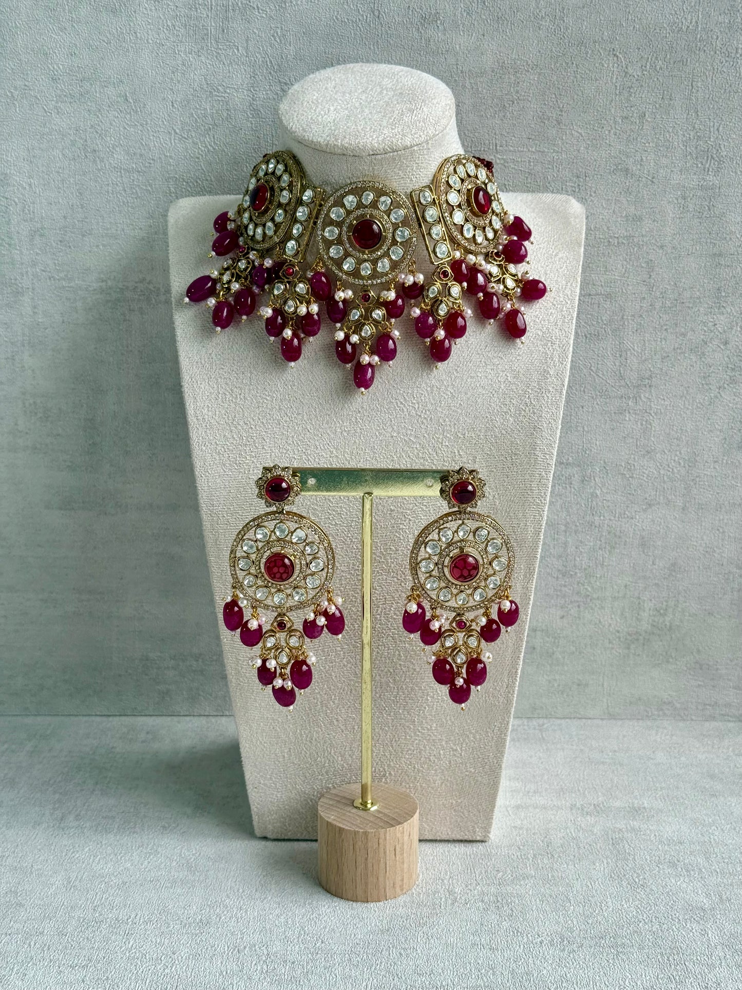 Ayura Designs Harper Set – Antique Gold Choker & Earrings with Deep Berry Pink Beads, Kundan Stones & Pearl Detailing