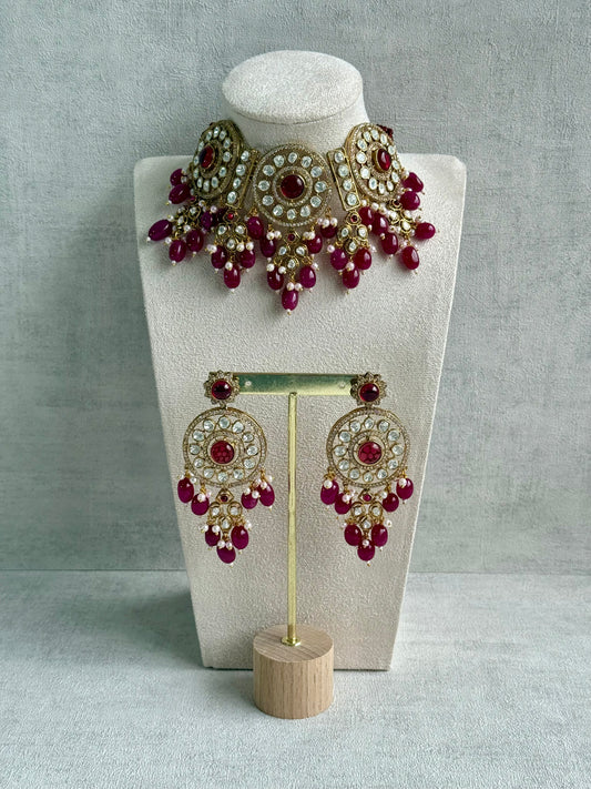 Ayura Designs Harper Set – Antique Gold Choker & Earrings with Deep Berry Pink Beads, Kundan Stones & Pearl Detailing