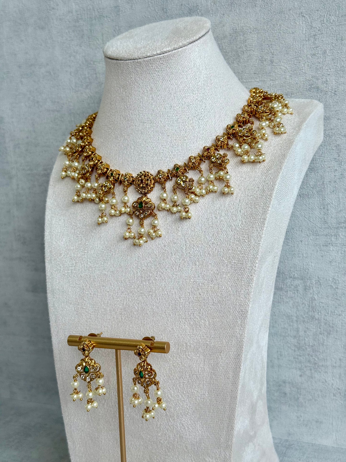 Ayura Designs Ilaa Set – Necklace & Earrings with Pink & Green Stone Accents, Pearl Drops & Antique Gold Finish