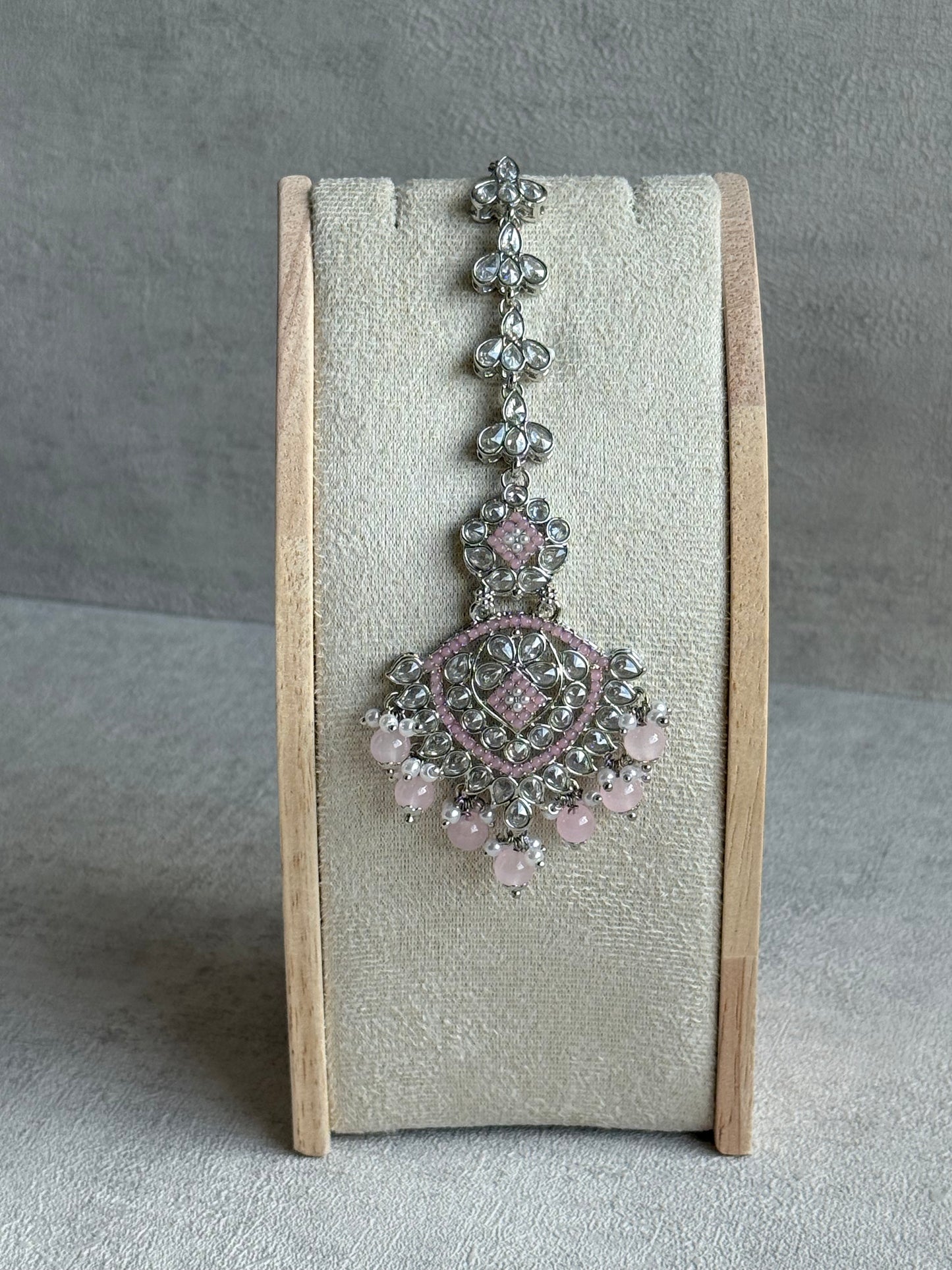 Ayura Designs Kanika Set – Necklace, Earrings & Tikka with Blush Pink Beads, Mirror-Cut Stones & Silver Finish