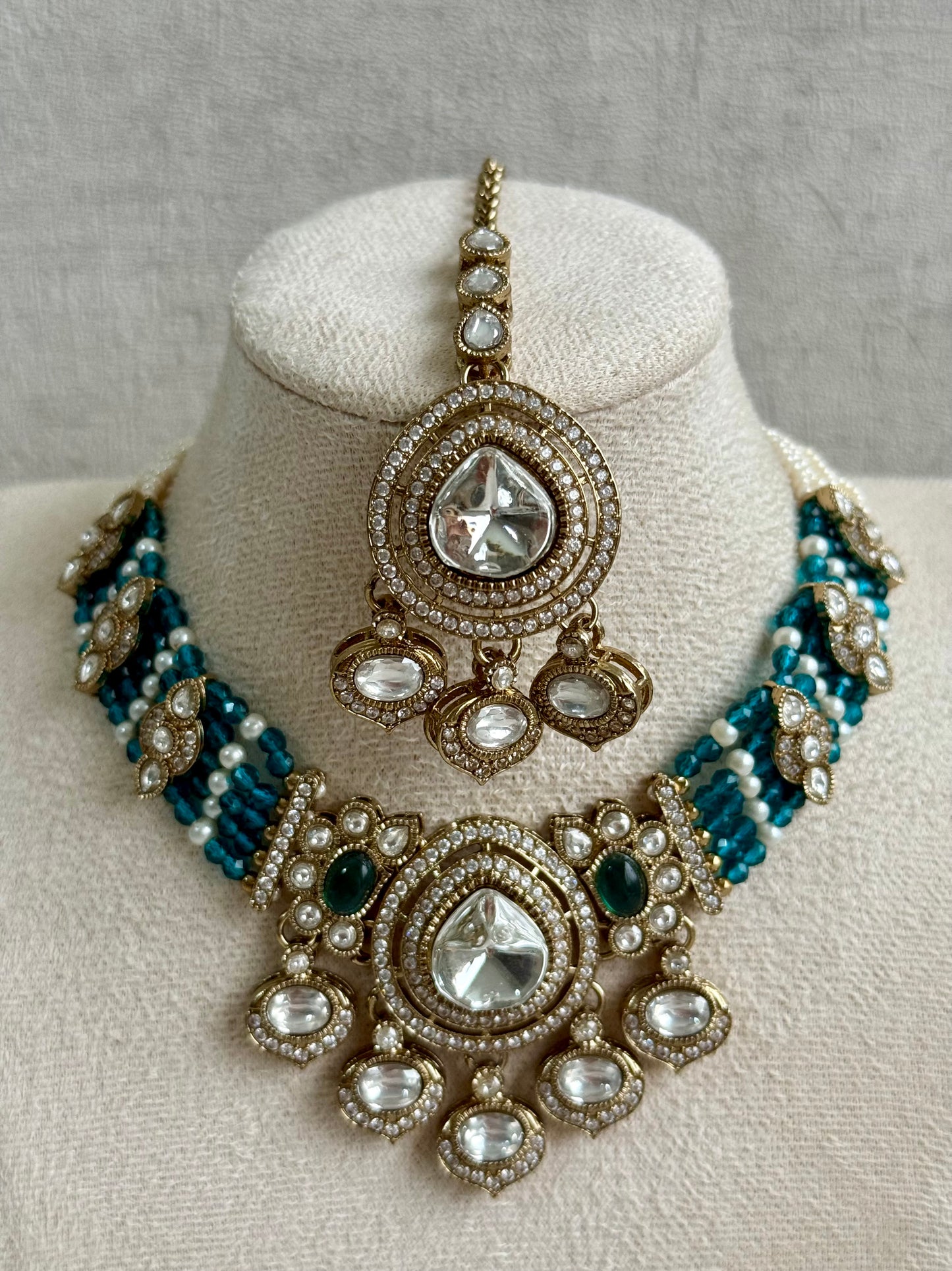 Ayura Designs Rahi Necklace Set with Earrings & Tikka – Teal Blue Stones with Mirror-Cut Detailing & Pearl Strands