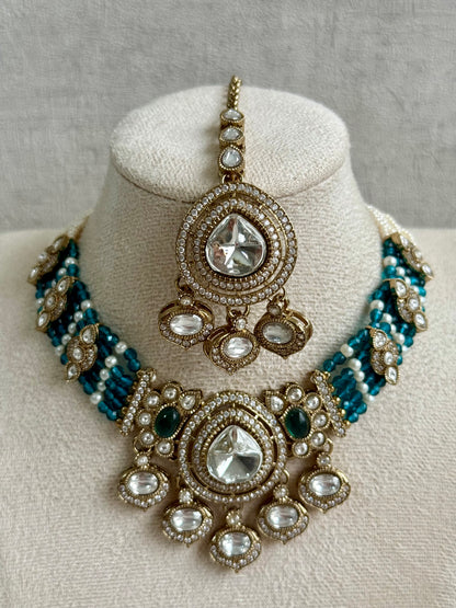 Ayura Designs Rahi Necklace Set with Earrings & Tikka – Teal Blue Stones with Mirror-Cut Detailing & Pearl Strands