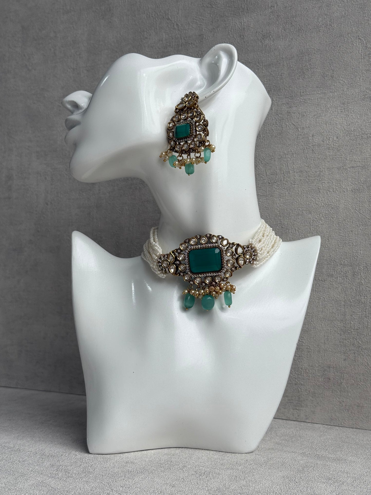 Ayura Designs Eva Choker Set with Earrings – Mirror-Cut Kundan, Pearl Strands & Mint-Green Stones in Antique Gold Finish