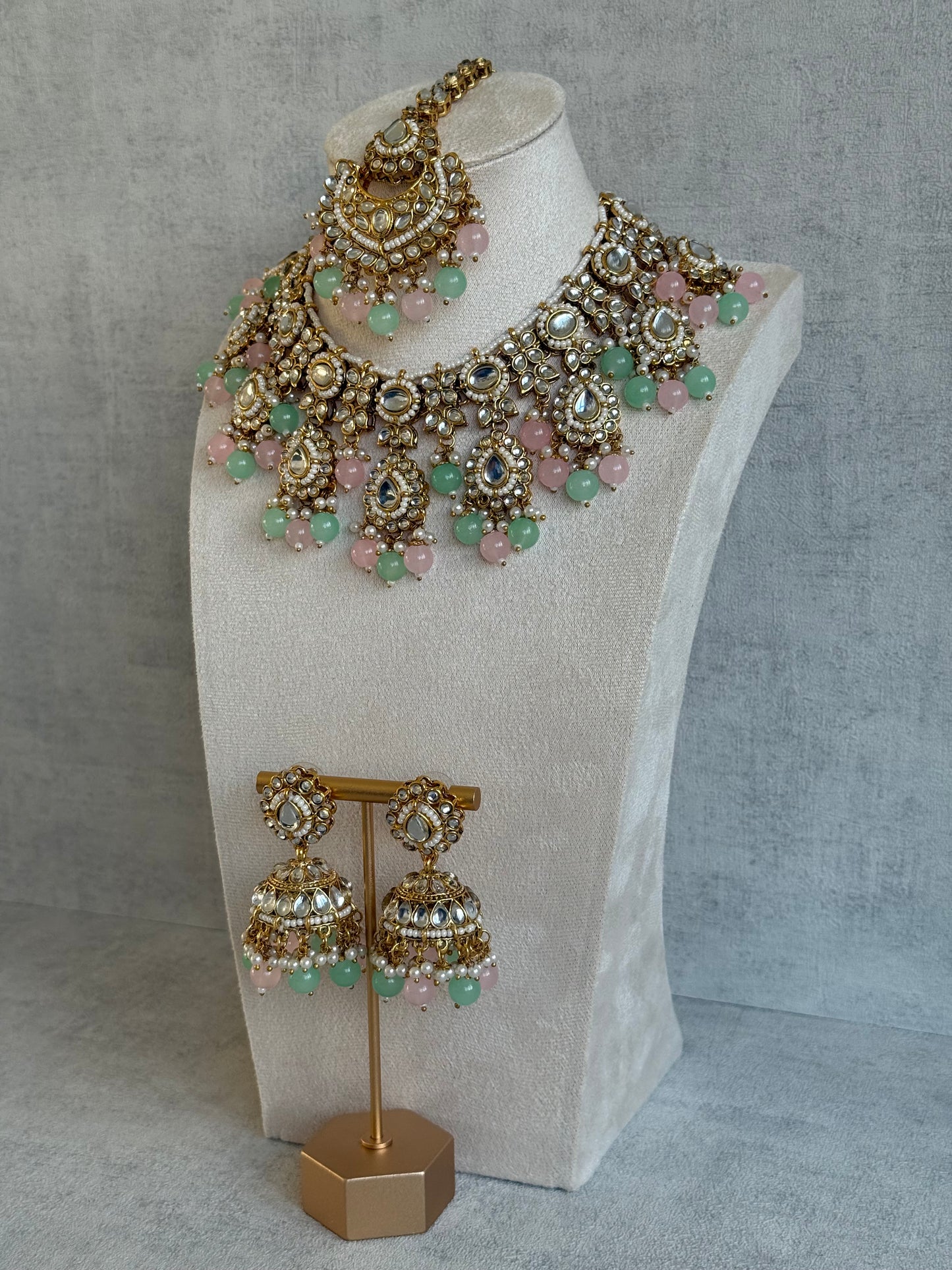 Ayura Designs Iyla Set with Necklace, Earrings & Tikka – Kundan Detailing, Ivory Pearl Drops & Mint & Blush Beads