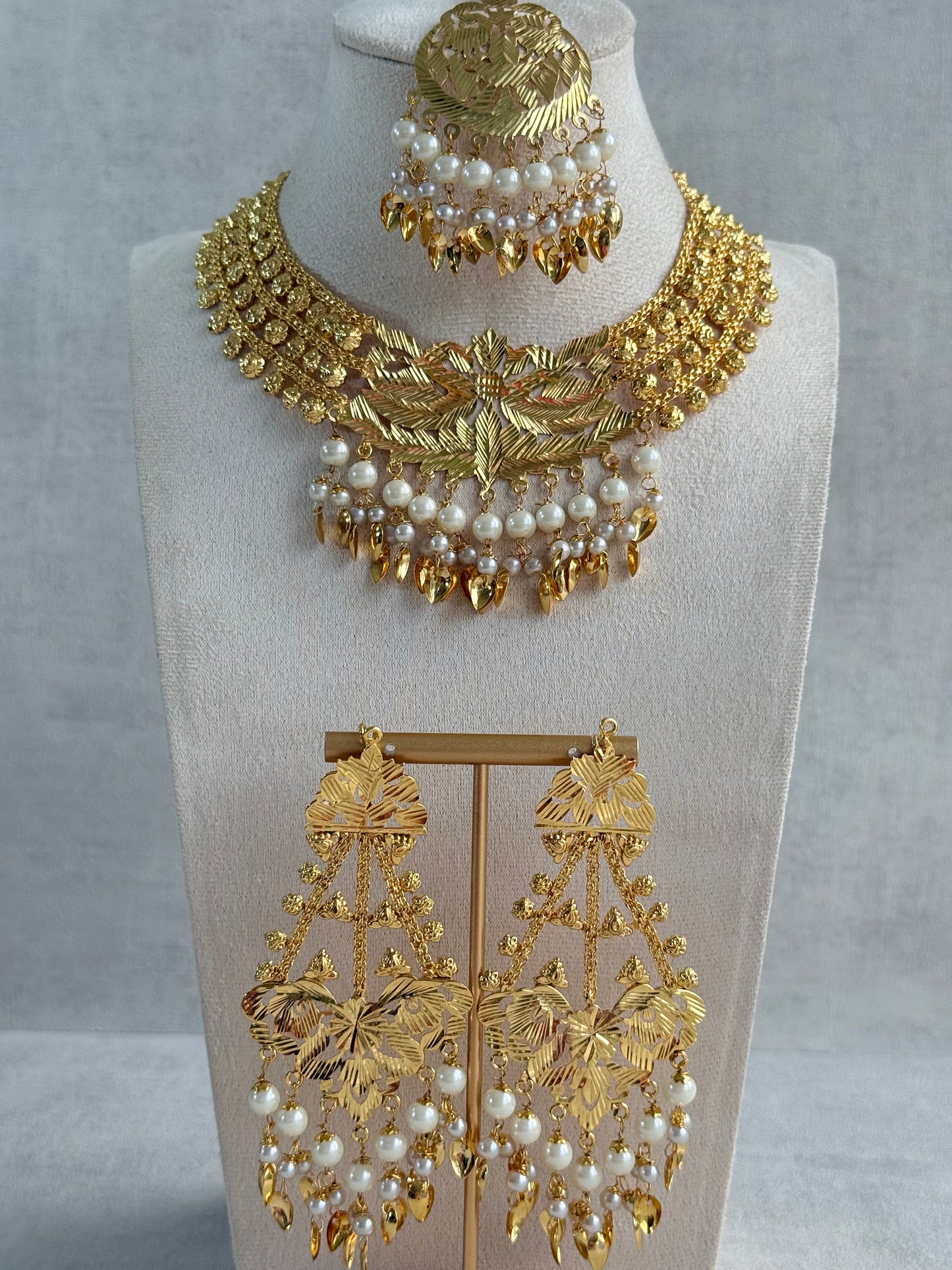 Ayura Designs Jasira Necklace Set with Earrings & Tikka – Pippal Patti Design with Swan & Peacock Motifs, Ivory Pearls & Gold Finish