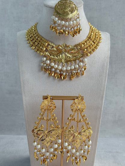 Ayura Designs Jasira Necklace Set with Earrings & Tikka – Pippal Patti Design with Swan & Peacock Motifs, Ivory Pearls & Gold Finish