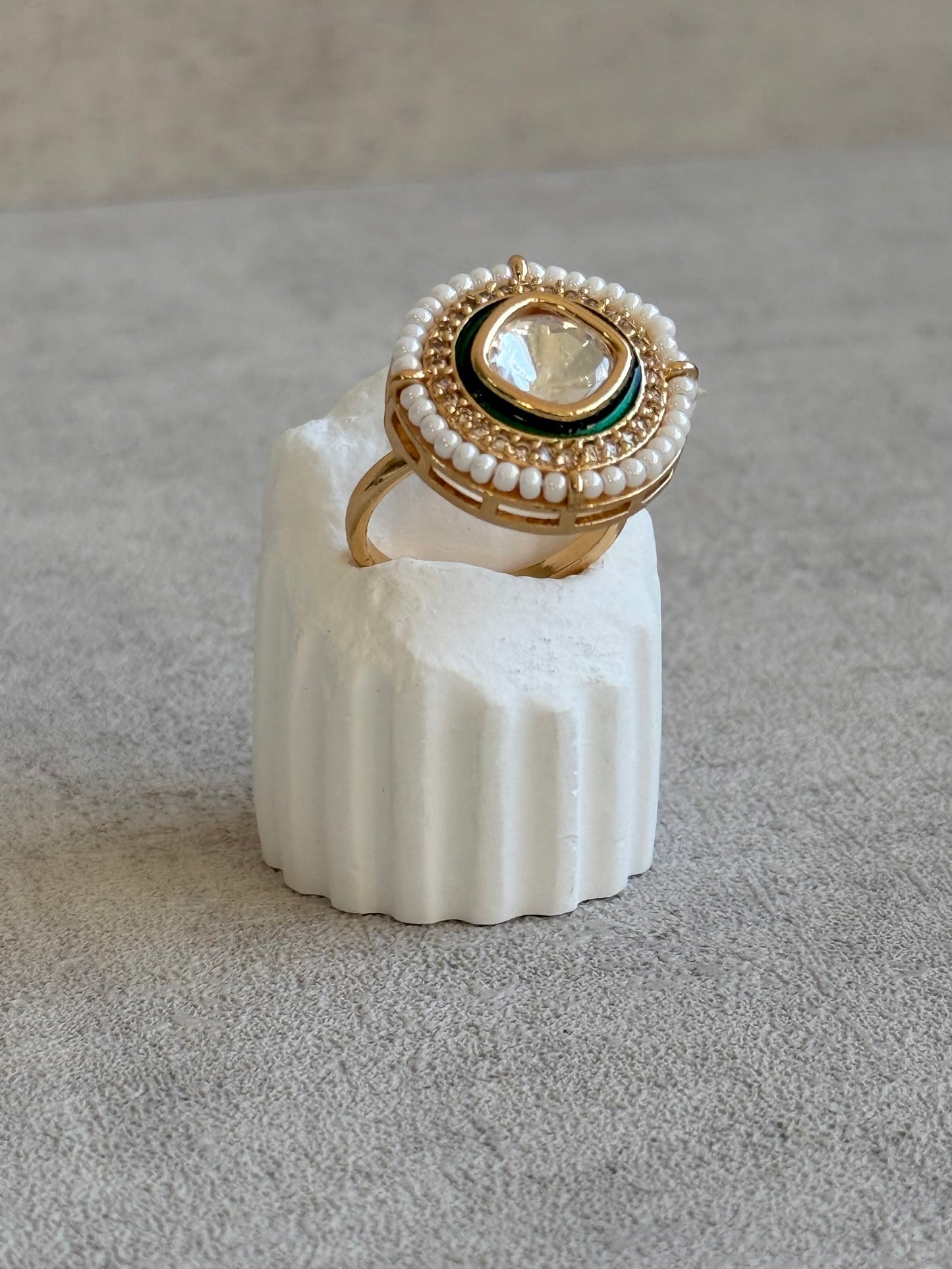 Ayura Designs Roselle Adjustable Ring – Moissanite Centre with Crystal Border & Ivory Pearls