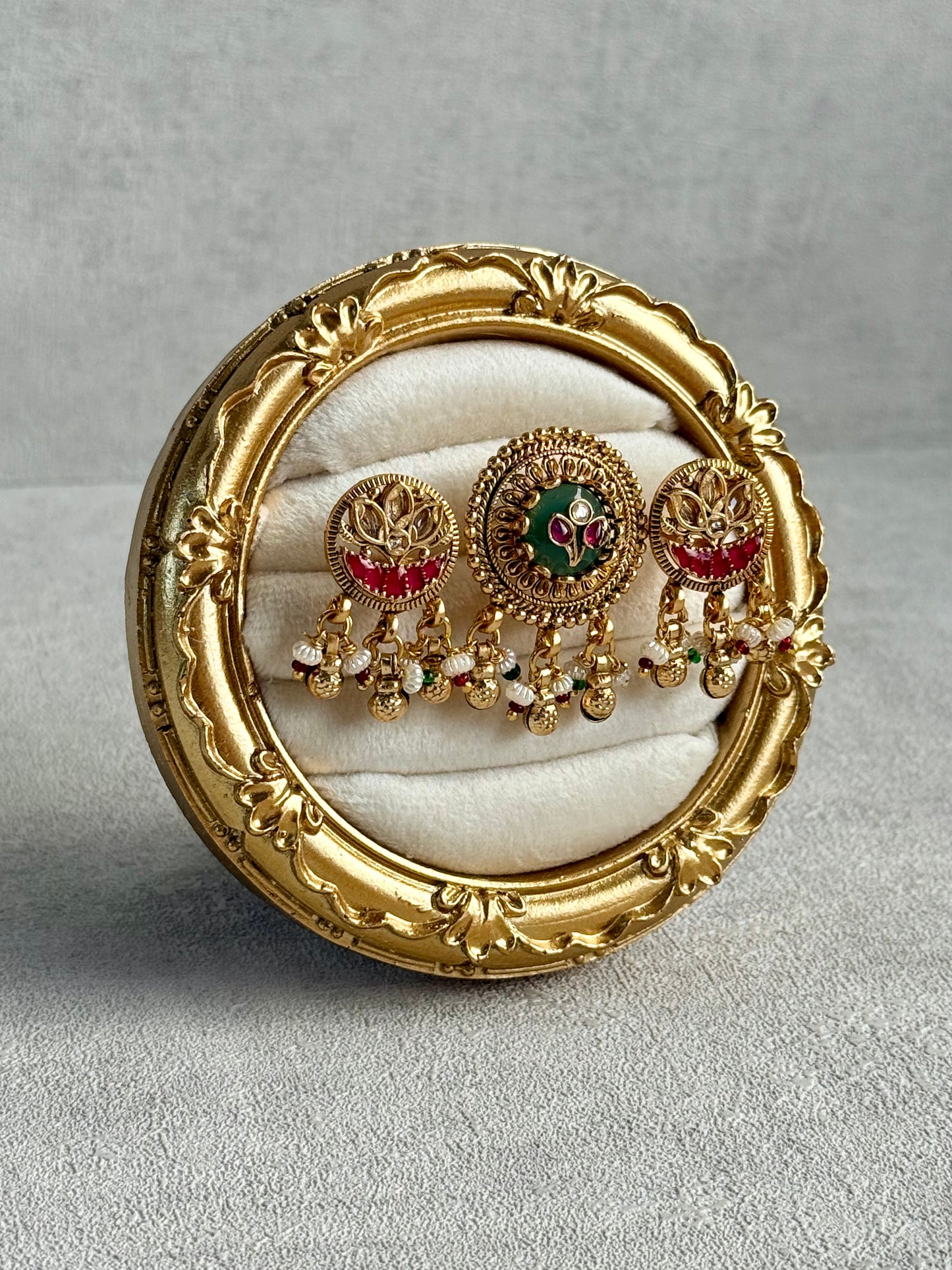 Ayura Designs Raha Adjustable Ring – Antique Gold Lotus Motifs with Emerald Green & Rani Pink Stones, Pearl Drops & Ghungroo Detailing