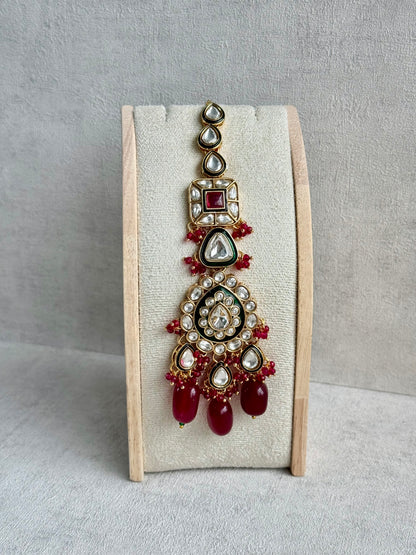 Ayura Designs Zahira Bridal Set with Necklace, Earrings & Tikka – Kundan Detailing with Green Enamel, Ruby Pink Stones & Maroon Bead Drops