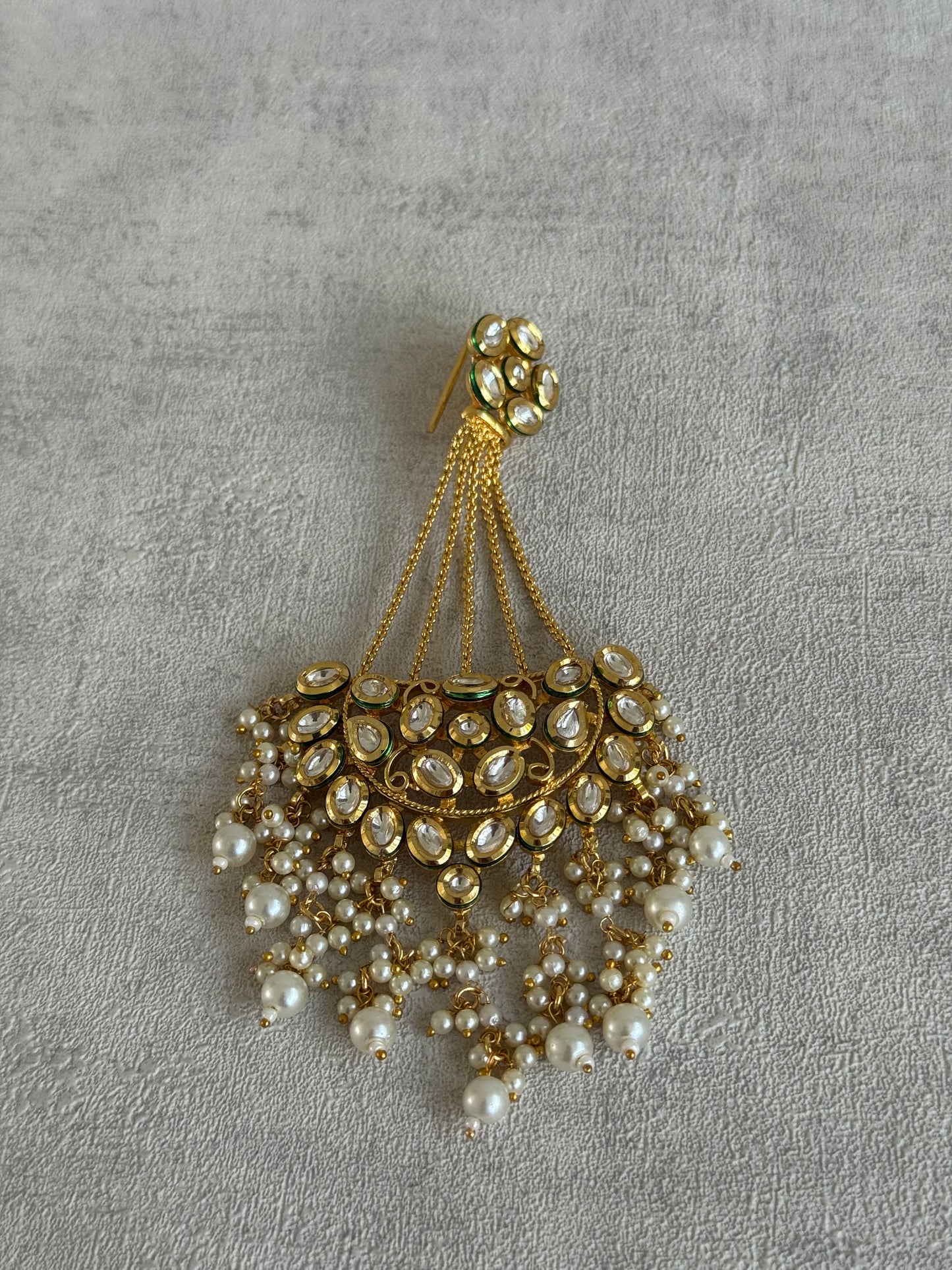 Ayura Designs Sophia Passa Jhoomar – Antique Gold with Kundan Stones & Pearl Clusters