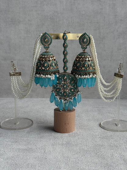 Ayura Designs Amrita Set – Jhumkis with Sahare & Tikka in Aqua Blue, Pearls and Antique Gold Finish