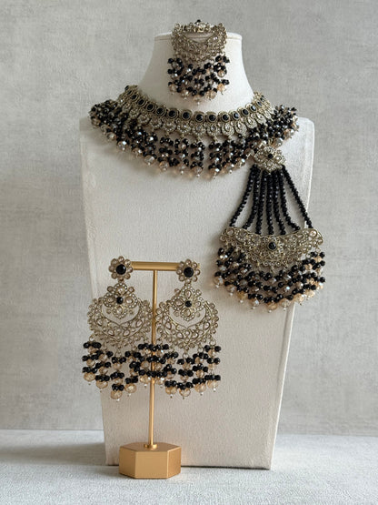 Ayura Designs Dilnaz Necklace Set with Earrings, Tikka & Passa – Black & Champagne Crystal Beads & Antique Gold Finish
