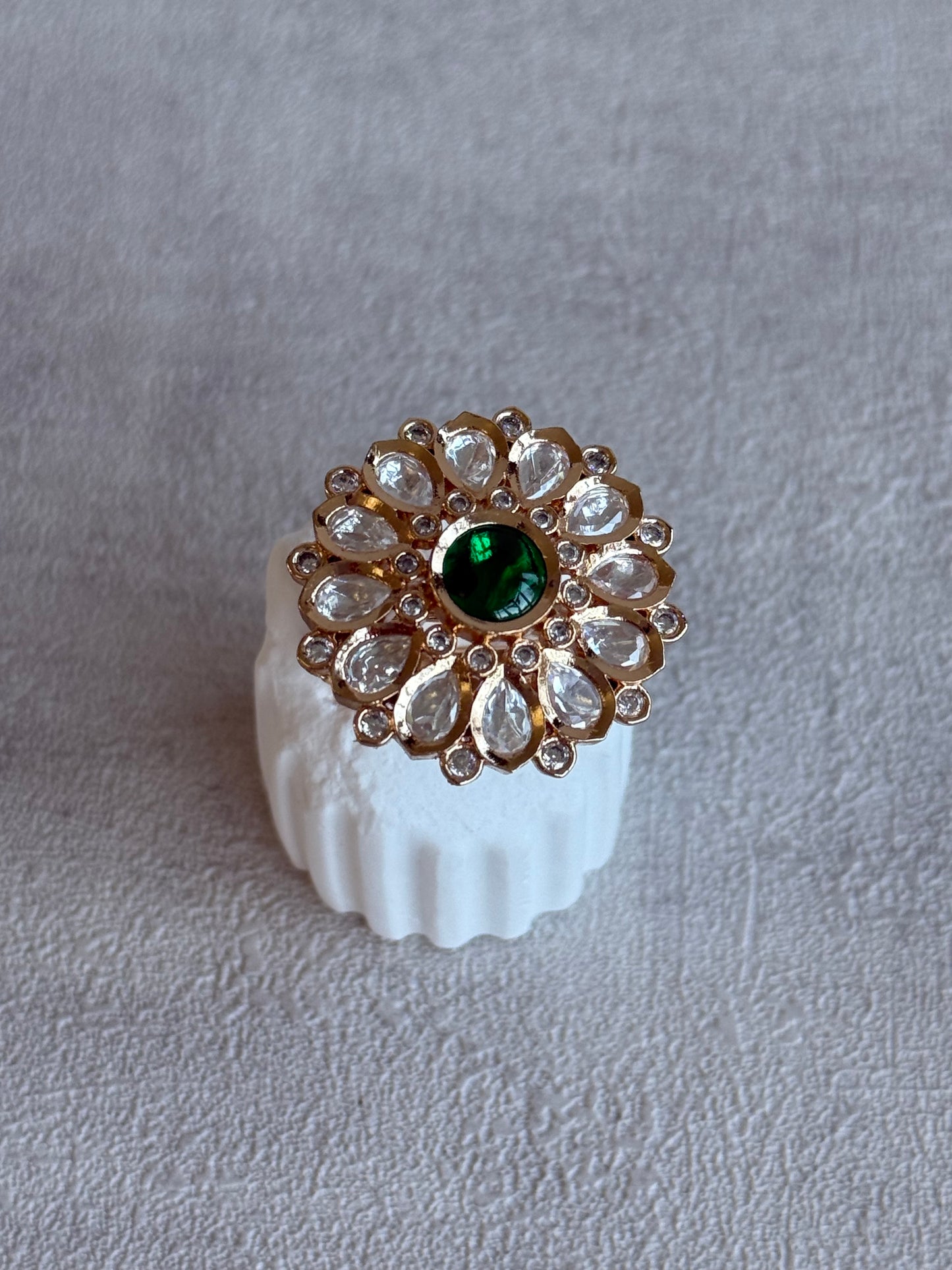 Ayura Designs Luisa Adjustable Ring – Emerald Green Centre Stone with Crystal Petal Detailing