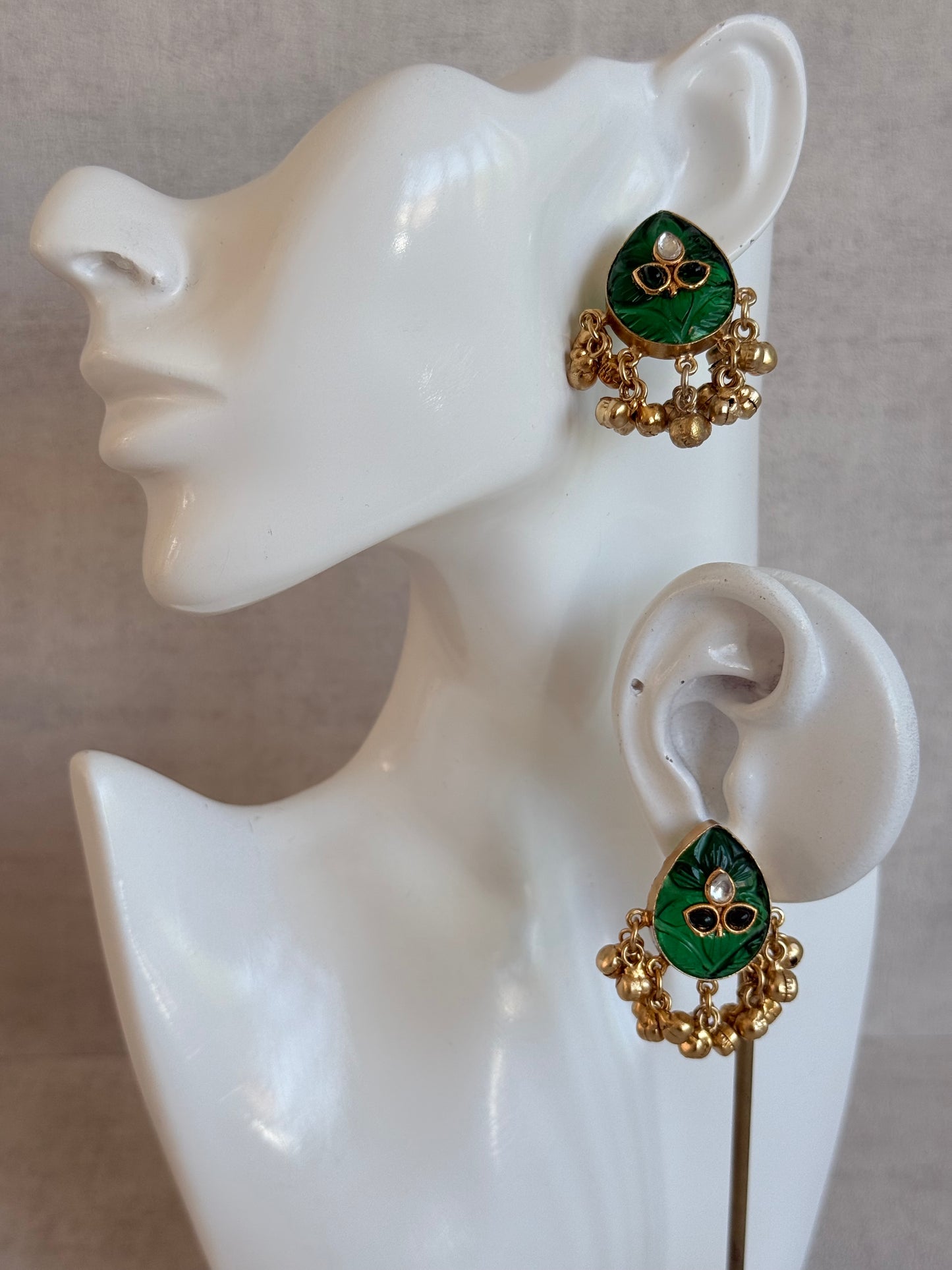 Ayura Designs Aykai Earrings – Emerald Green Carved Teardrop Stud Earrings with Clear Kundan Stones and Gold Ghungroo Drops
