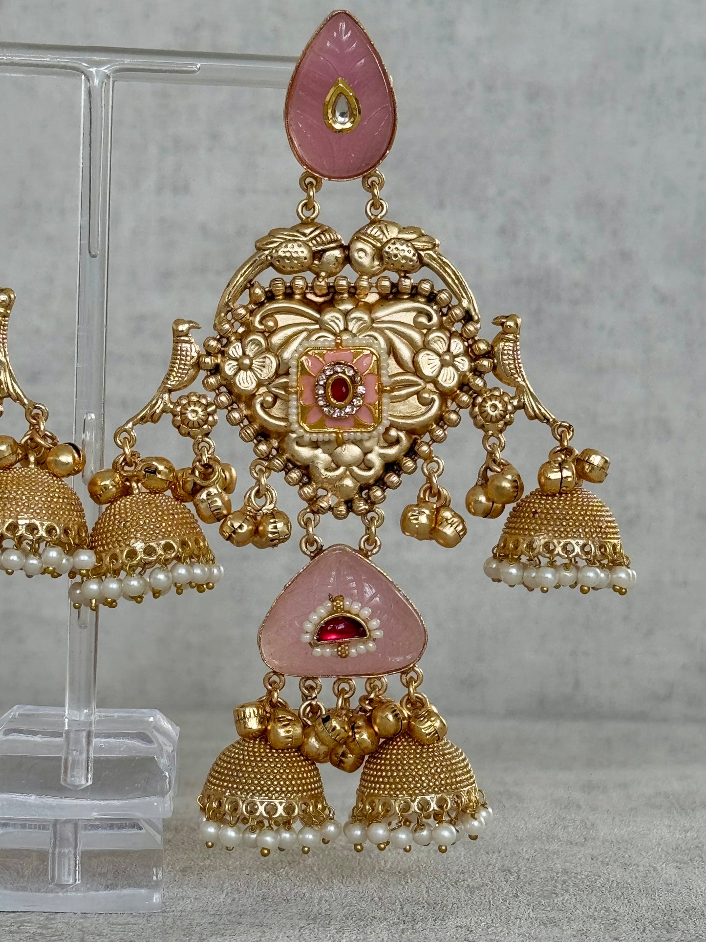 Ayura Designs Areesha Earrings – Gold-Plated Earrings with Blush Pink Enamel, Layered Jhumkas & Pearl Detailing