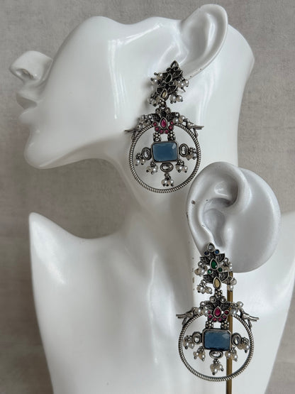 Ayura Designs Katha Earrings – Oxidised Statement Earrings with Multicolour Stonework & Pearl Detailing