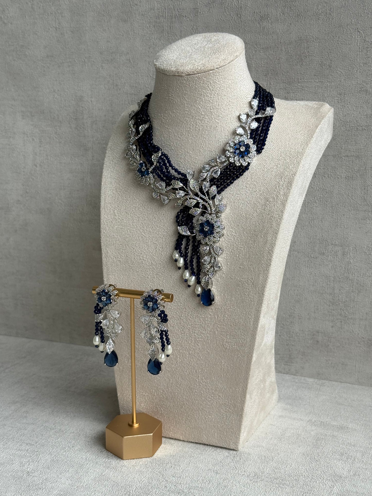 Ayura Designs Chloe Set – Silver Necklace & Earrings with Sapphire Stones, Pearls & Moissanite Detailing