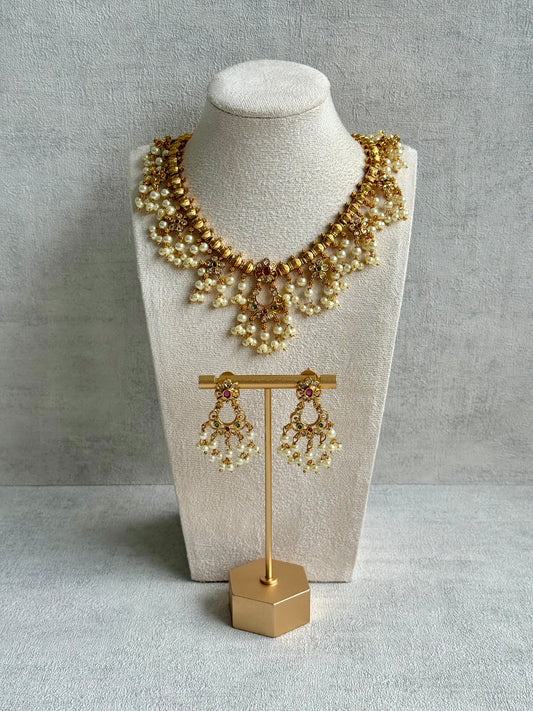 Ayura Designs Chaaya Set – Necklace & Earrings with Kundan Stones, Pink & Emerald Accents, and Pearl Detailing