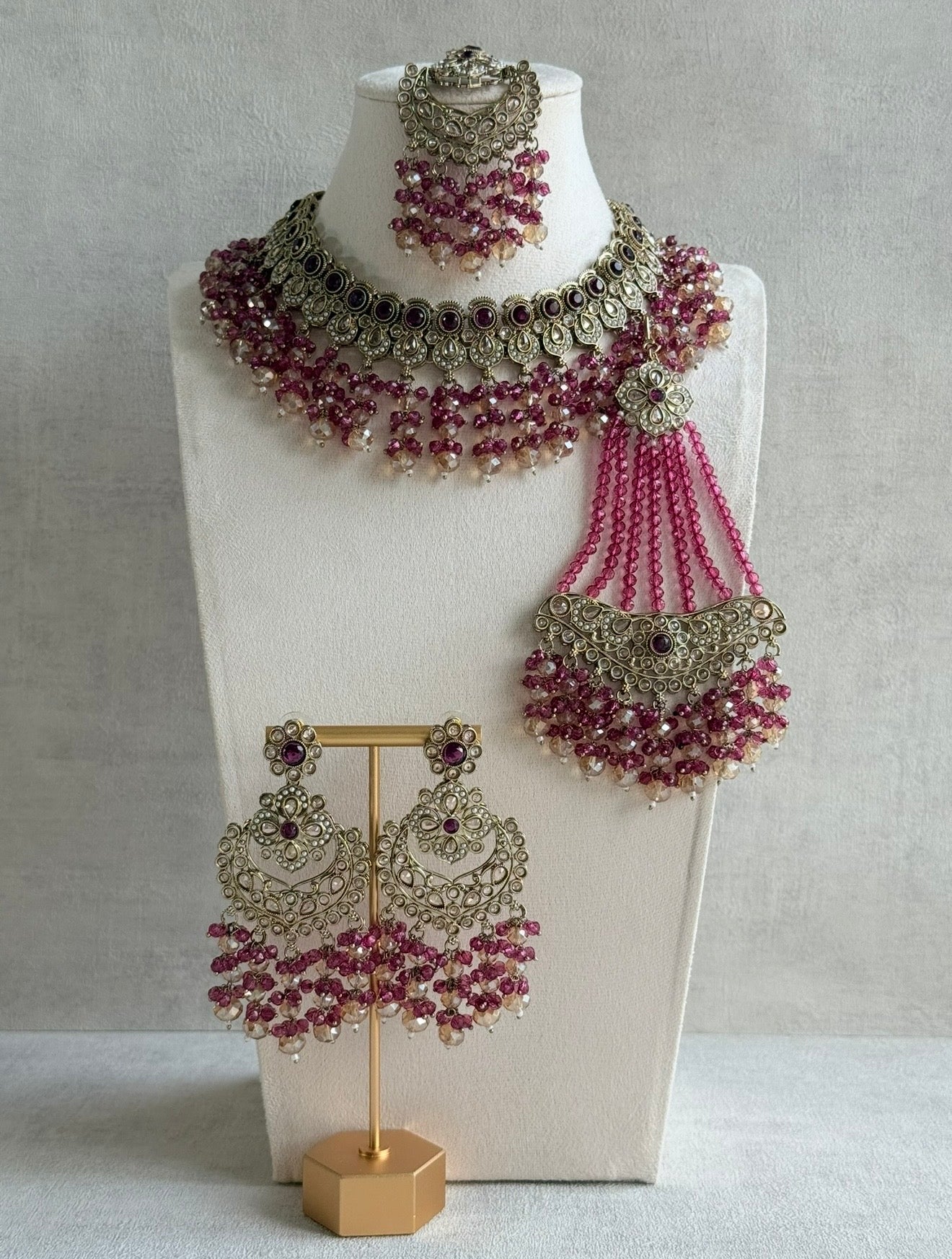 Ayura Designs Dilnaz Necklace Set with Earrings, Tikka & Passa – Berry Pink & Champagne Crystal Beads & Antique Gold Finish