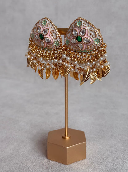 Ayura Designs Rozina Earrings – Floral Meenakari Earrings with Emerald Green Centre Stone, Pearl Clusters & Gold Leaf Charms