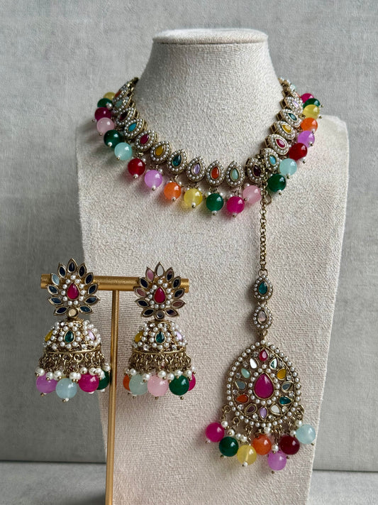 Ayura Designs Aanya Set – Multicolored Kundan Necklace with Mirror Work Jhumkis & Tikka