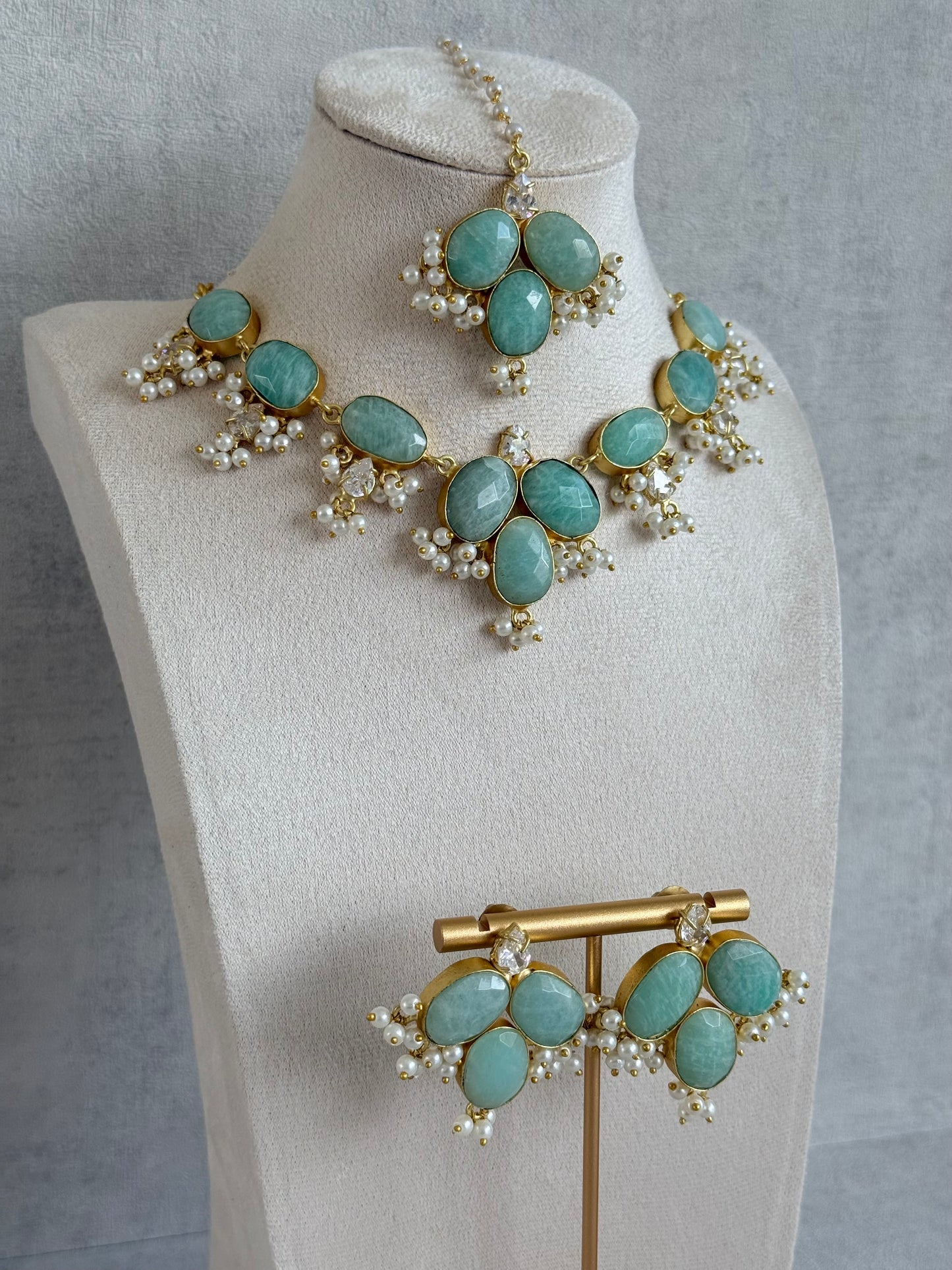 Ayura Designs Anahita Set with Tikka & Earrings – Amazonite, Crystals & Pearls